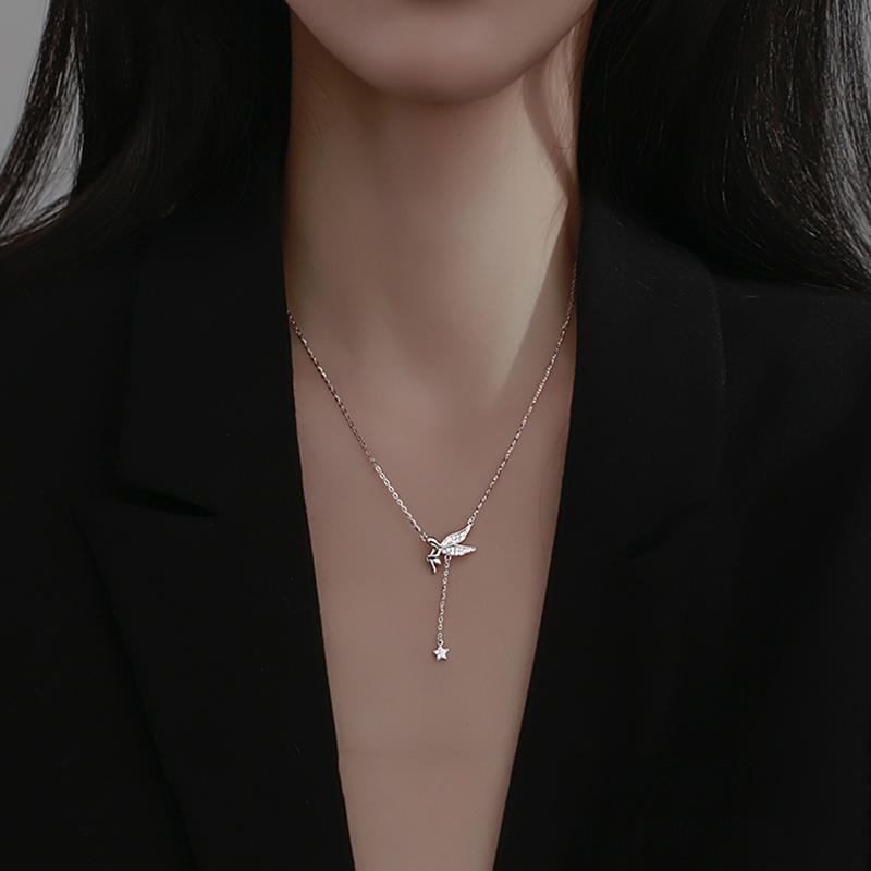 ANENJERY Flügel Mädchen Halskette für Frauen Lange Quaste Stern Schlüsselbein Kette Halsketten Party Schmuck