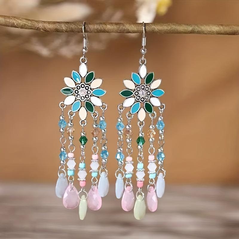 1Pair of European, American and Bohemian Feng Shui Drop Fringed Earrings, Elegant Long Earrings