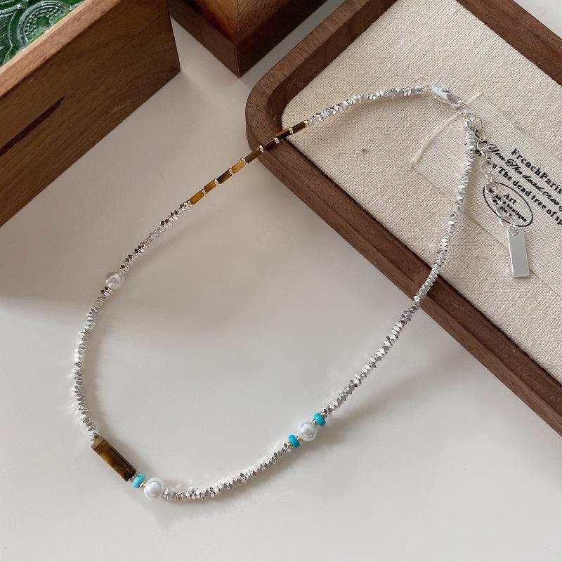 

Бирюзовое ожерелье женское летнее High Sense новое китайское украшение с камнем тигровый глаз, сломанная серебряная цепочка для свитера Yiwu Accessories