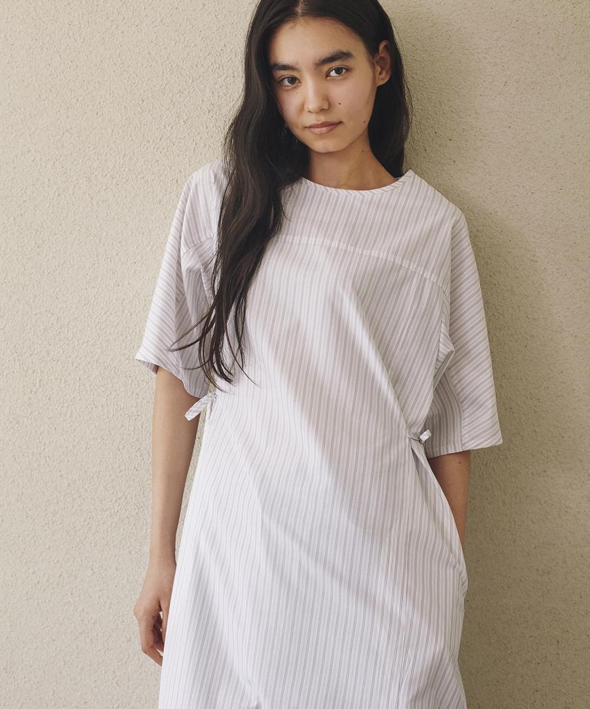 Between A And B Waist Ribbon Stripe Long Dress [White]