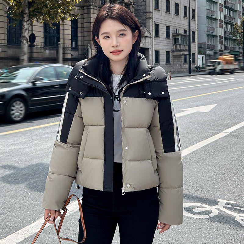 Fashion Color Block Short Cotton Coat Women Hooded Loose Winter Korean Jacket Thick Outwear