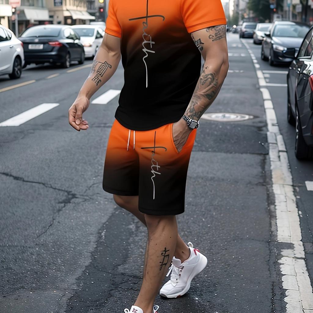 2-Pack Mens Summer Sportswear Set - Bold Color Block Tee & Drawstring Shorts with Pockets for a Stylish, Comfortable Casual Look