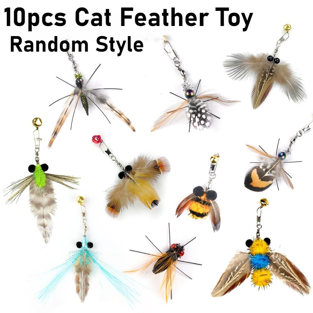 5/10pcs Cat Feather Toy Simulated Insect Tease Cat Stick Replacement Heads Interactive Cat Teaser Bell Toys Random Style