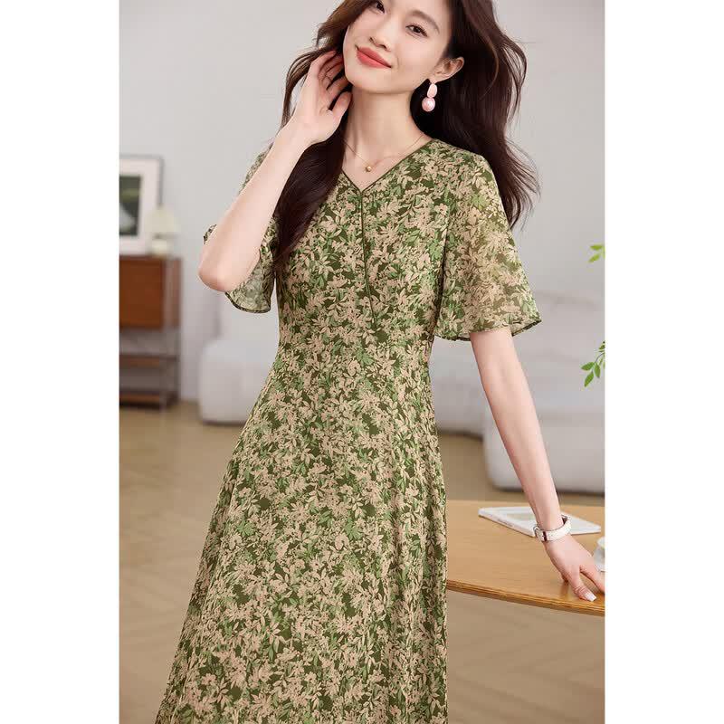 Sanpowa Women s Floral V-Neck Chiffon Midi Dress M