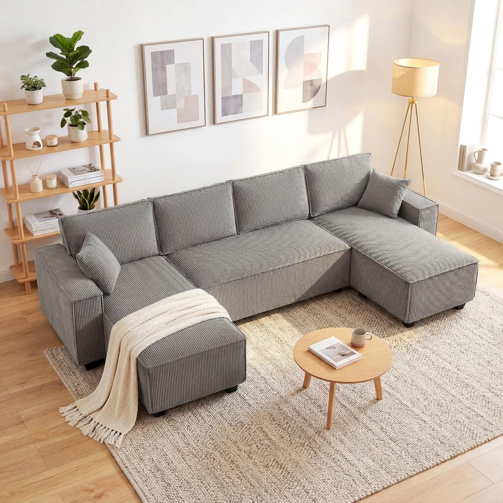 Corner Sofa with Double Chaise Lounges, U-Shaped Sofa Made of Corduroy Fabric with Wide and Deep Seat, Spring Cushions, Light Grey