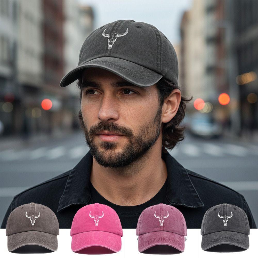Hip Hop Bull Skull Print Baseball Cap Washed Cotton Streetwear Hats For Man Women Unisex
