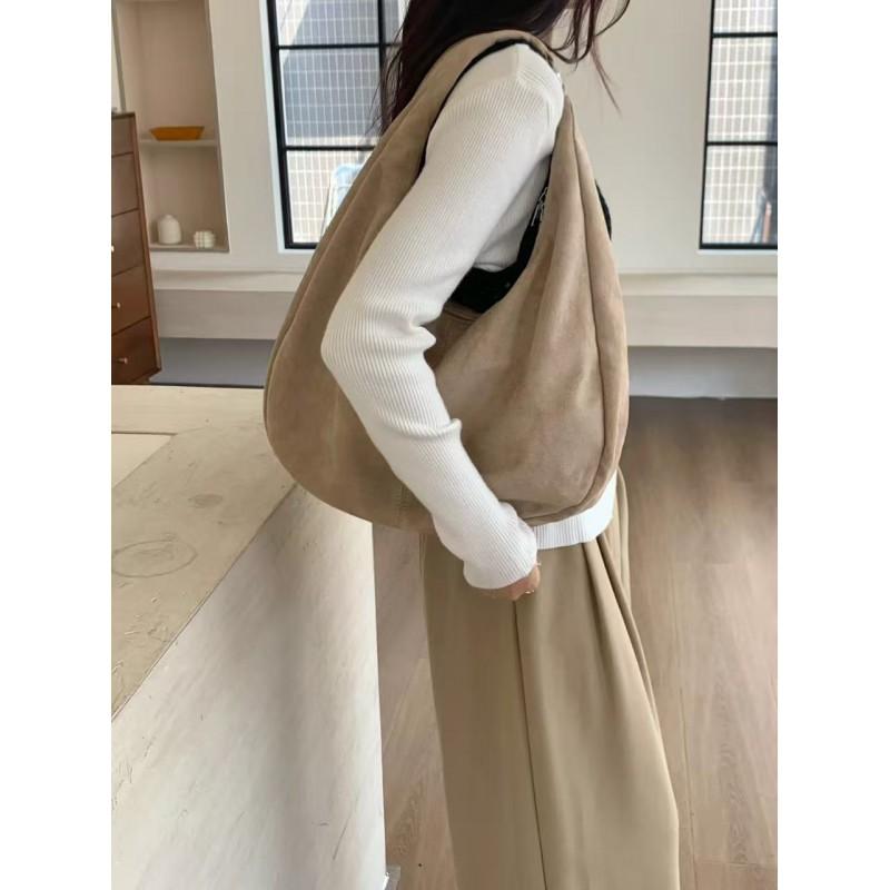 Soft Suede Tote Bag Women Large Capacity Crossbody Shoulder Vintage Korean Style Minimalist Daily Use