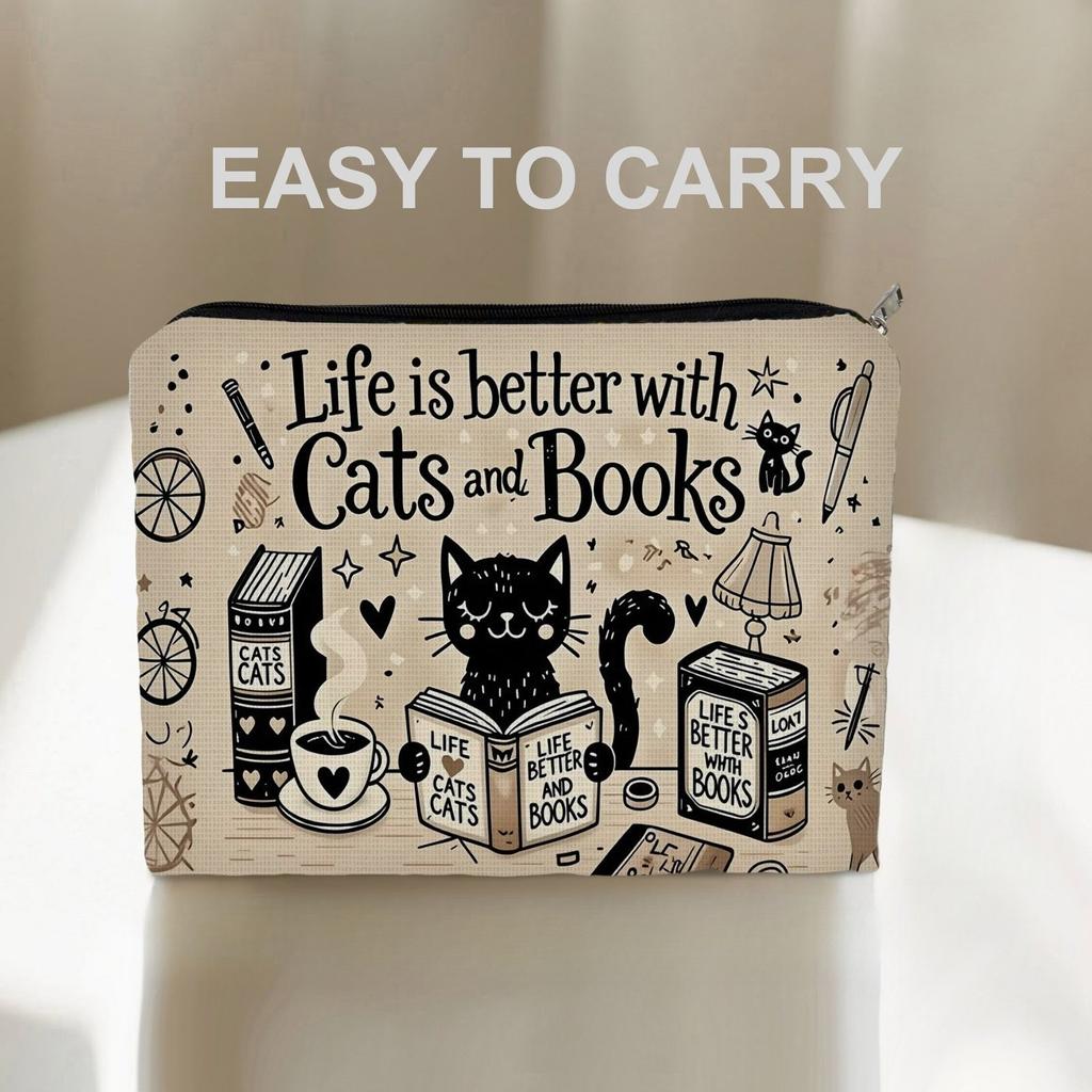 Double-Sided Cosmetic Storage Pouch with Cat Book Art Design, Multi-Purpose Daily Toiletry Bag, Fashionable Portable Accessory