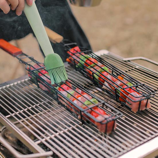 Barbecue Grill Baskets for Meat Vegetables Lockable Grille Rolling BBQ Cage with Wooden Handle Barbecue Net Rack for Shrimp Fish Veggies