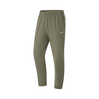 Li Ning Fitness Series Solid Color Logo Mid Waist Elastic Sports Long Pants Men Bottoms Military-Green AYKU459-5