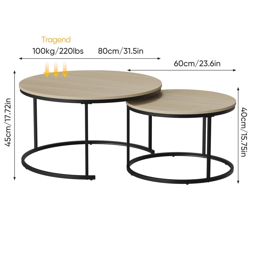 Two-Piece Nesting Coffee Table Set, Oak Veneer, Round with a Diameter of 80 cm, Metal Frame, Modern Style, Suitable for Living Room, Bedroom, Balcony.