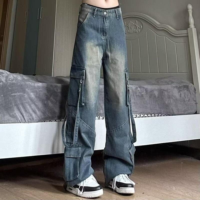 2024 American Style Women s Denim Overalls: High Street Multi-Pocket Wide Leg Retro Jeans for Autumn L