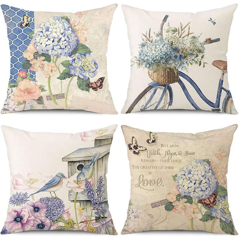 Plant and Flower Hydrangea Printed Linen Pillowcase Home Sofa Living Room Bedroom Pillowcase