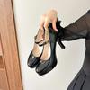 2025 Pointed Shallow Single Shoe Women's High Heels New Style Vintage Thick Bottom Mary Sandals Four Seasons Shoes Adults