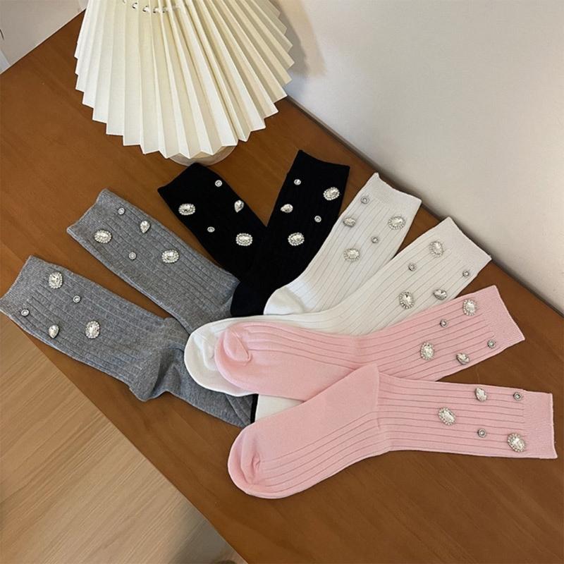Womens Ribbed Crew Socks, Thin Comfort Breathable Rhinestone Socks, Above Ankle Crew Socks for Womens Schoold Girl