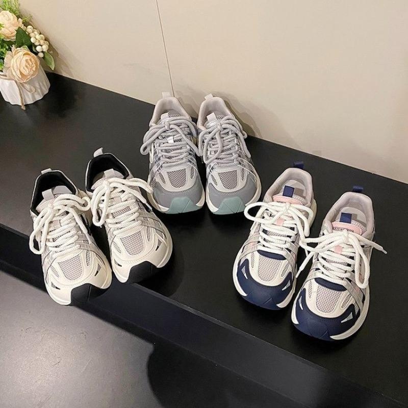 Retro niche leather platform dad shoes women's autumn new mesh breathable sneakers lightweight jogging shoes