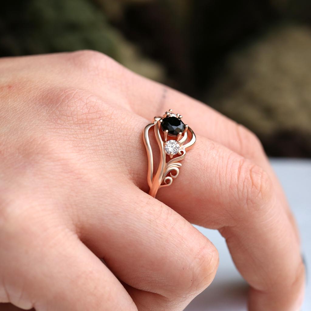Huitan Witch Ring Unique Black Stone Prong Setting Twist Band Design Rose Gold Color Women Engagement Finger Rings