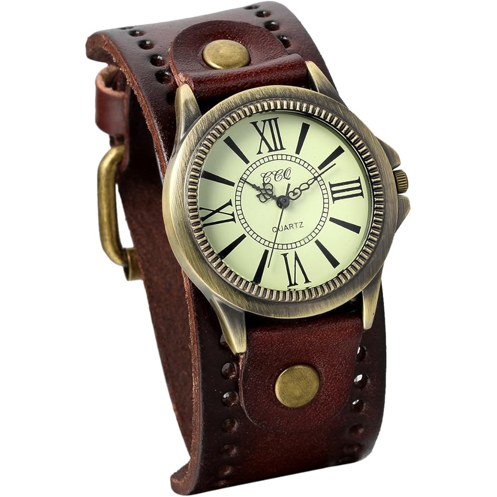 JewelryWe Antique Style Unisex Watch Retro Dial Frame Leather Alloy Brown