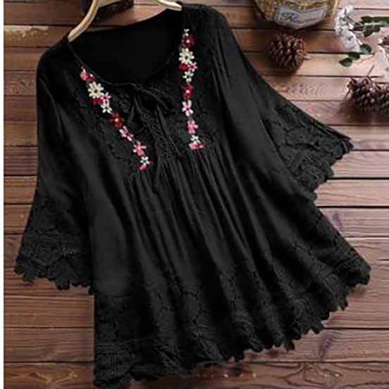 Summer Women Casual Solid Tops Shirt Cotton and Linen Stitching Lace Flower V-neck Loose Top Blouse New Elegant Holiday Shirts