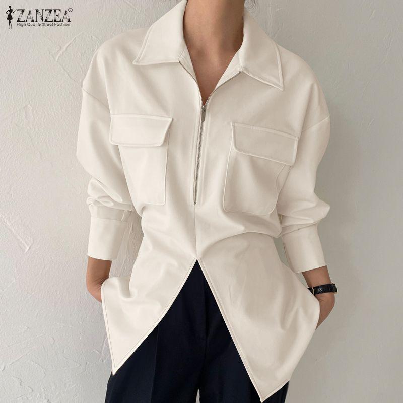 ZANZEA Women Turn Down Collar Loose Casual Long Sleeve Zipper Blouse