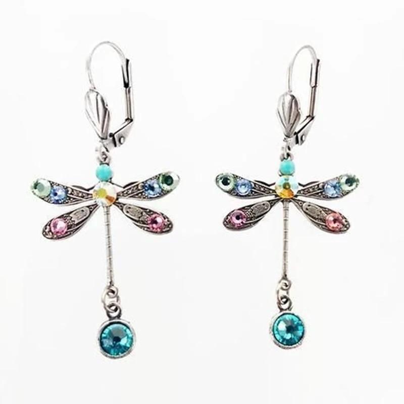 Elegant Personalized Carved Dragonfly Earrings Seven Colored Gems Hook Drop Earrings Wedding Engagement Earrings for Women