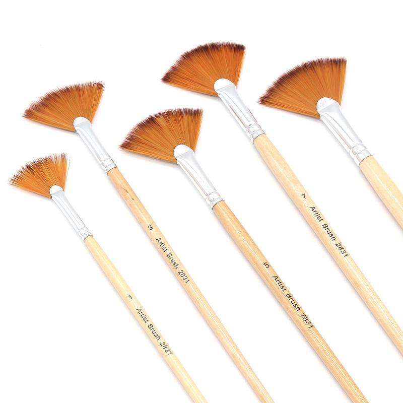 5 Pcs Sets Dual Tone Nylon Hair Paint Brushes Wooden Rod Fish Tail Fan-shaped Hand Drawn Watercolor Art Oil Painting Brushes