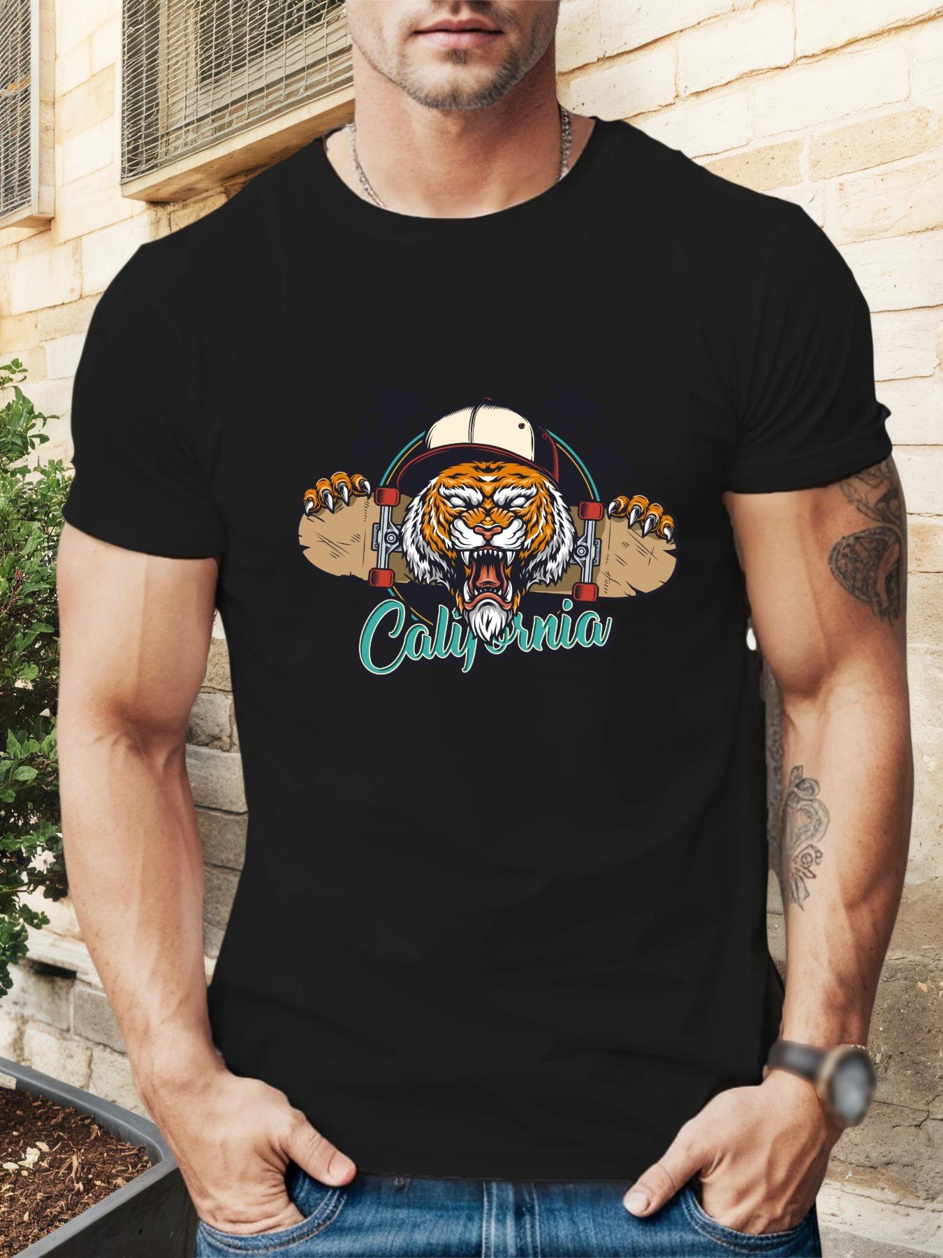 

California Skate Tiger Graphic T-shirt - Vibrant Orange & Black Design M