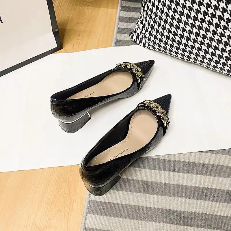 Fashion Shoes For Women Black Chain Square Heels With Medium Luxury Leather Casual Pointed Toe Office Woman Footwear Lastest Non Slip E