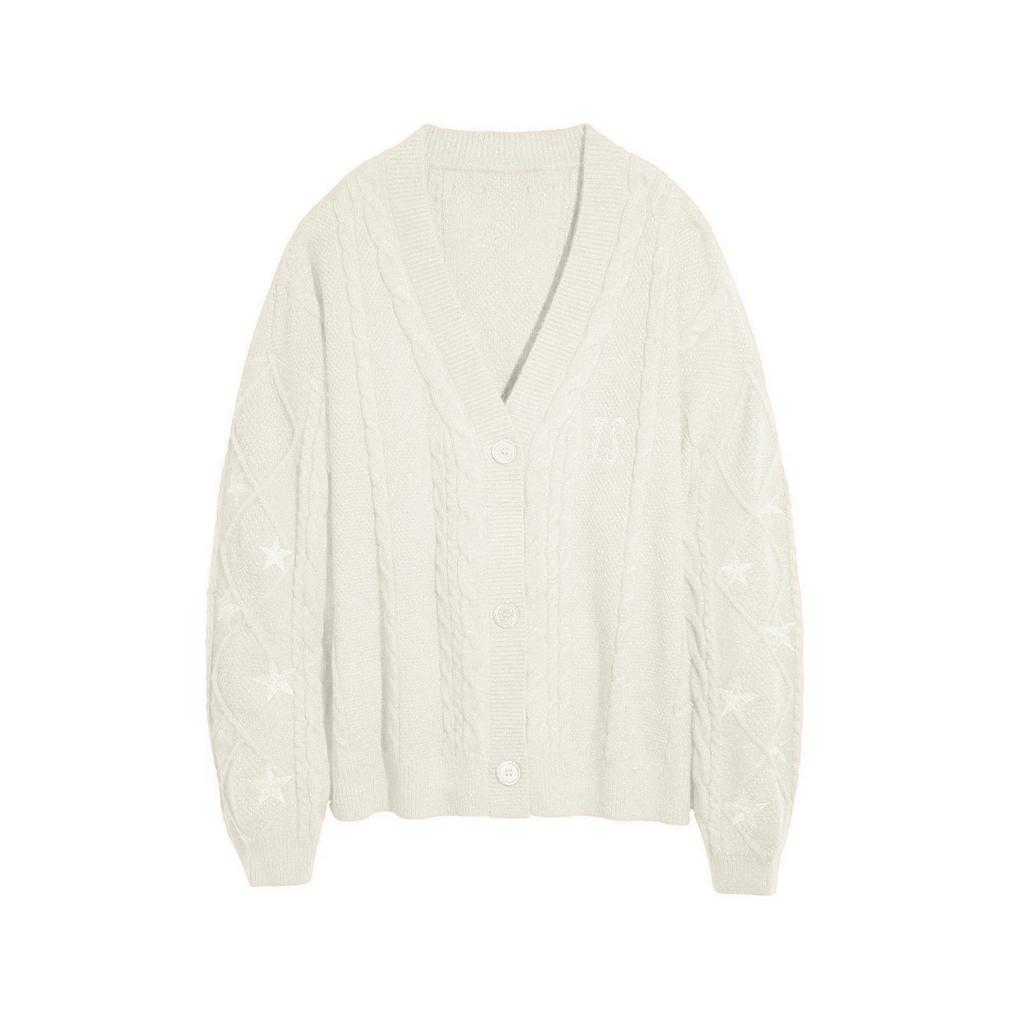 Title: Women's Orange Brown V-Neck Knit Cardigan with Twisted Cable Pattern