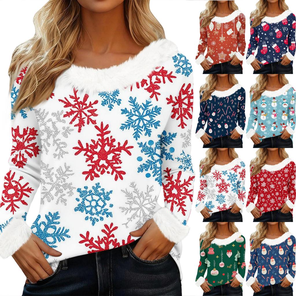 Women's Fashion Long Sleeve Christmas V-Neck Printed Party Furry Top
