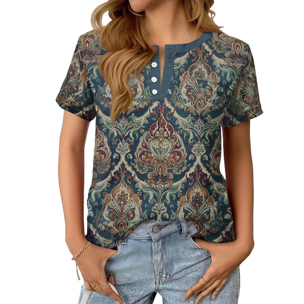 Modieuze Casual Dames Zomer Top met Retro Print, V-hals, Knopen en Korte Mouwen