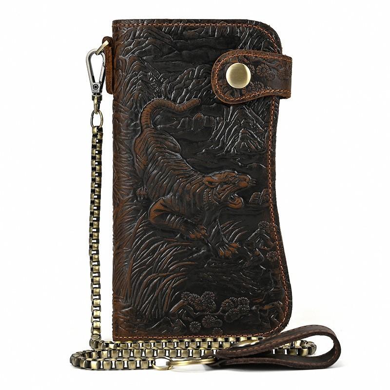 Men'S Crazy Horse Leather Wallet Long Wallet Iron Chain Anti-Theft Clutch Bag Multi-Card Mobile Phone Bag Rfid Wallet Change Bag