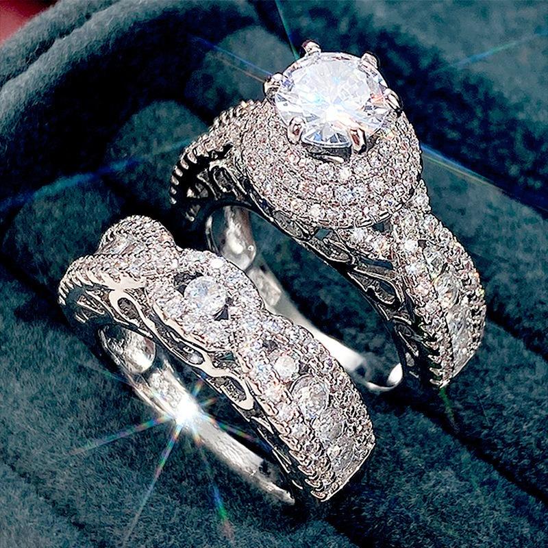 2Pcs/Set Fashion Copper Color Rhinestone Zircon Rings For Women Full Crystal Rings Wedding Engagement Jewelry Anniversary Gifts