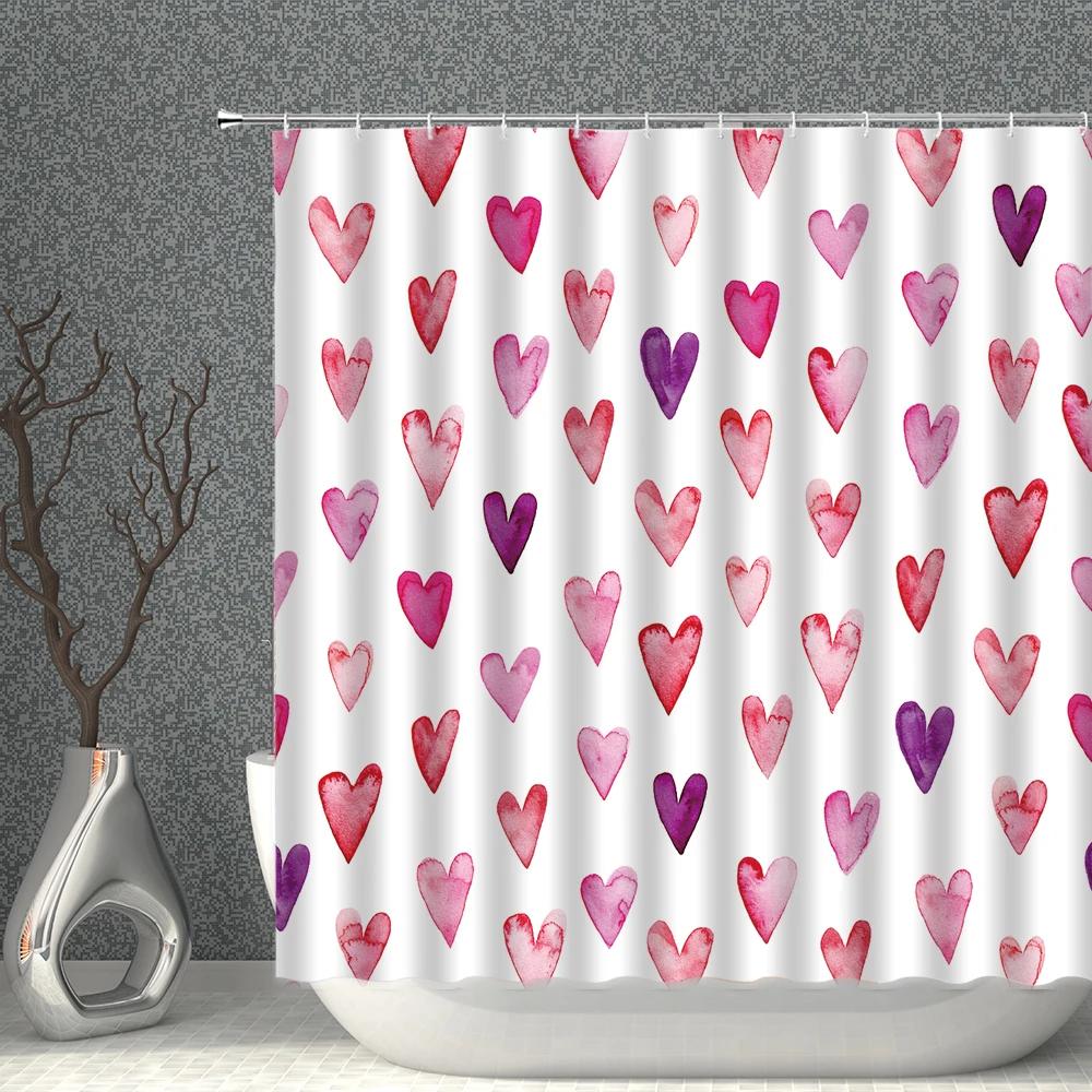 Valentine's Day Shower Curtain Rose Diamond Heart-Shaped Bathroom Curtains Suit Waterproof Polyester Fabric With Hook
