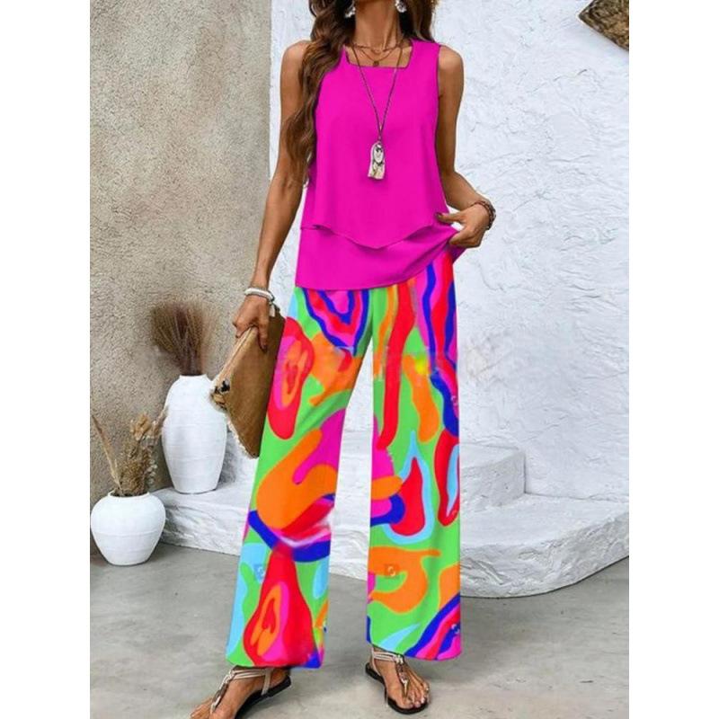 Women's Loose Fit Two Piece Outfit Sleeveless Tank Top High Waist Wide Leg Pants Set With 3D Abstract Print For Casual Summer Daily Wear