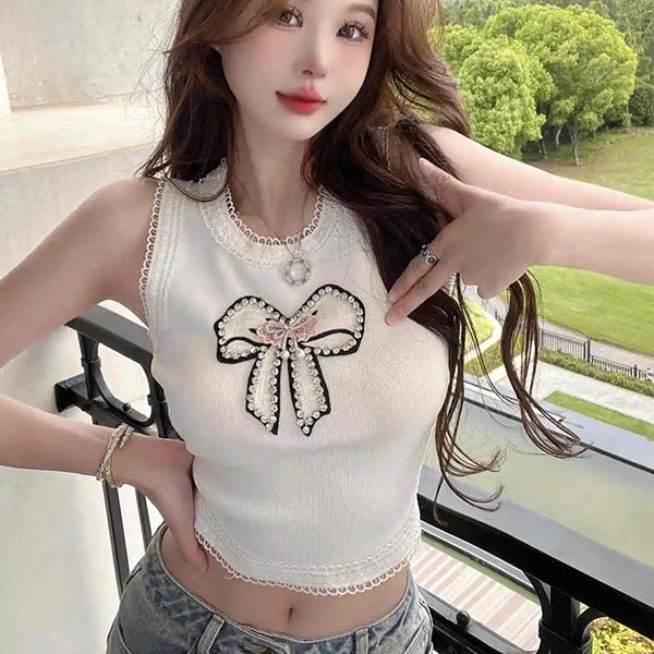 WTEMPO Elegante bestickte Schleife Strass Tanktops Damen Frühling Sommer Übergröße Schwarz Weiß Ärmellose Tops