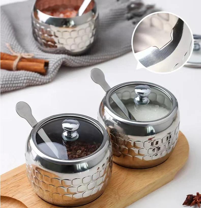 350ml Luxury Stainless Steel Salt Jar, Sugar Bowl, Spice Bottle with Spoon, Spice Container Set, Kitchen Accessories