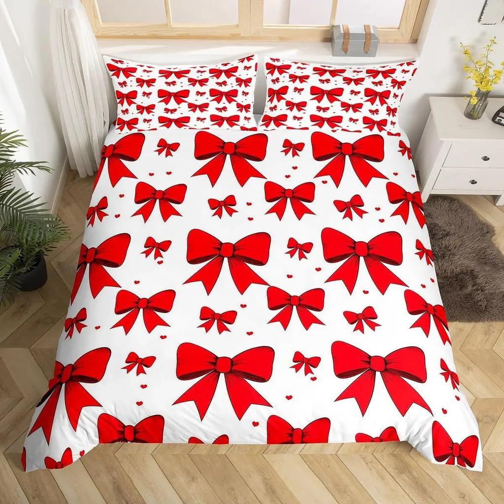 3D Bowknot Print Duvet Cover Set, Cute Bow Heart Pattern Bedding Set, Soft Microfiber Quilt Cover With Pillowcases