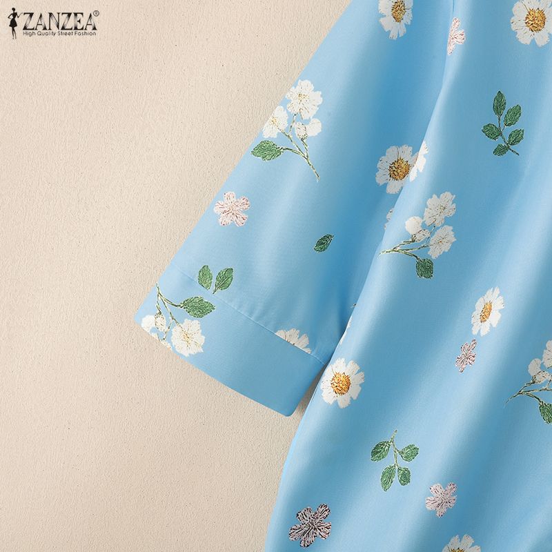 ZANZEA Women Turn Down Collar Casual 3/4 Sleeve Loose Floral Print Blouse