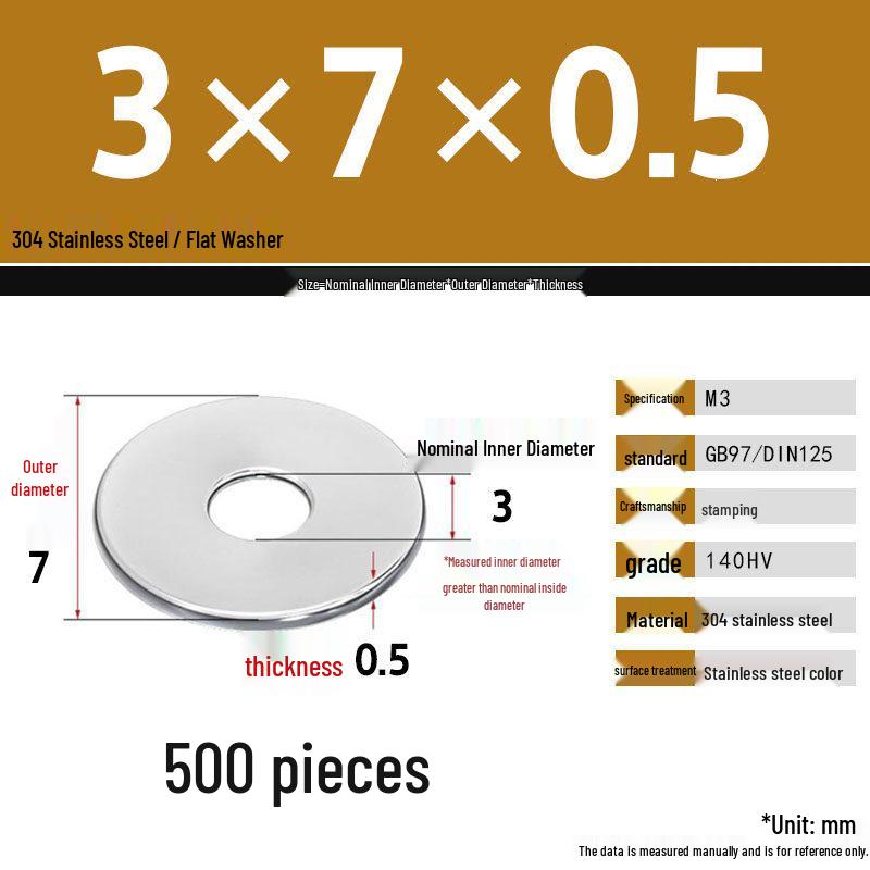 304 Stainless Steel Thickened Flat Washer Set, Sizes 2-36