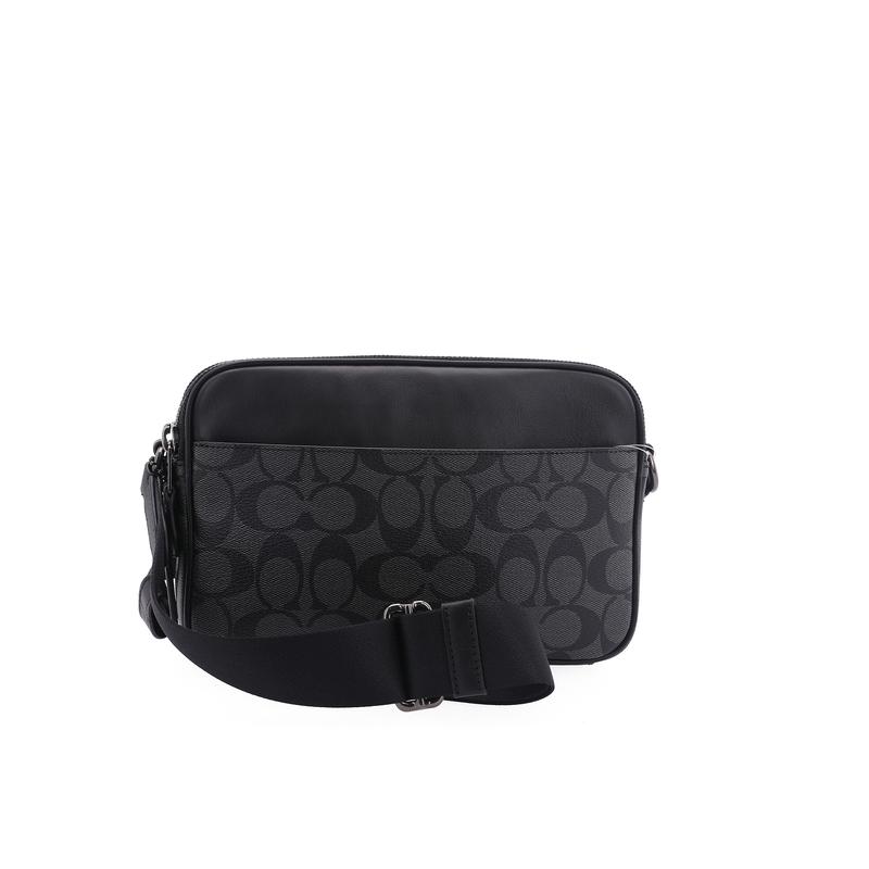 Coach Crossbody Bag Graham 23 Metal Logo Signature Pendant Coated Canvas and Calf Leather Camera Small Square Shoulder Medium Men's Charcoal Black