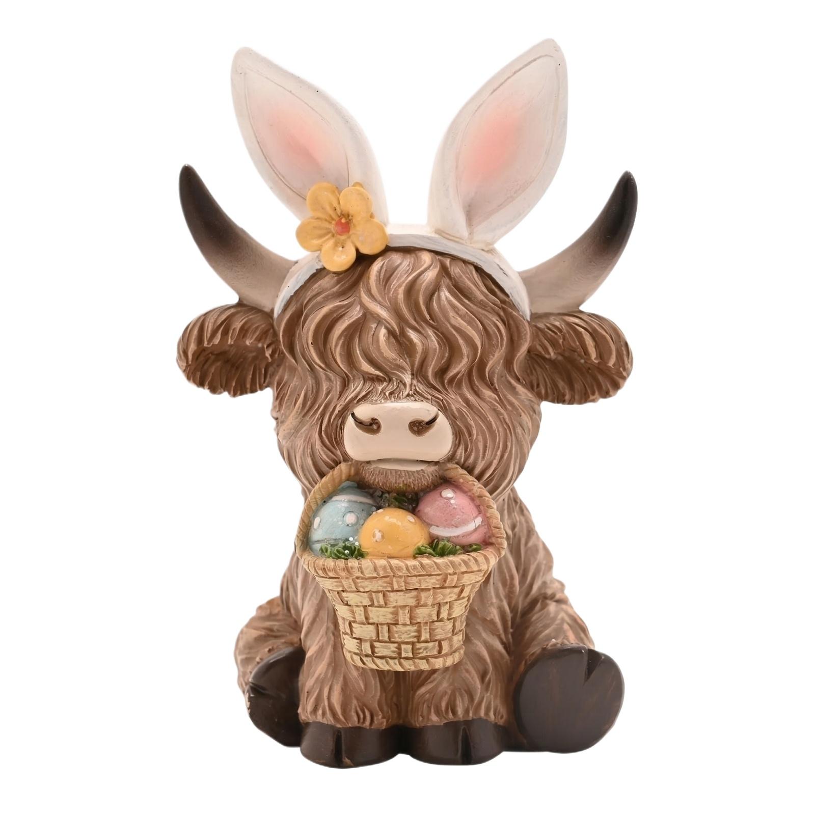 

Highland Cow Figurine Easter Decoration with Bunny Ears and Welcome Banner Indoor Outdoor Tabletop Ornament for Home Garden Display