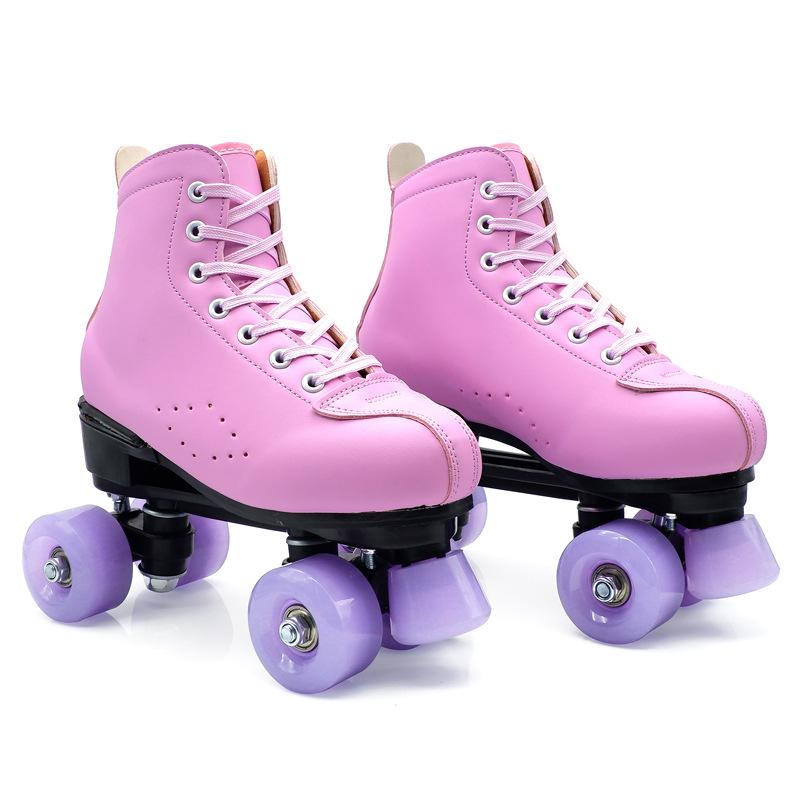 Adult Unisex Double Row Roller Skates, Breathable Purple Leather, Jelly Wheels, Four-Wheel Design