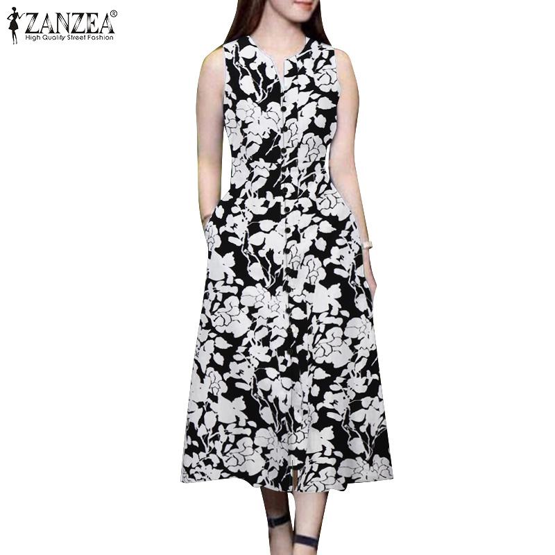 ZANZEA Women Summer V-Neck Casual Printing Sleeveless Dress