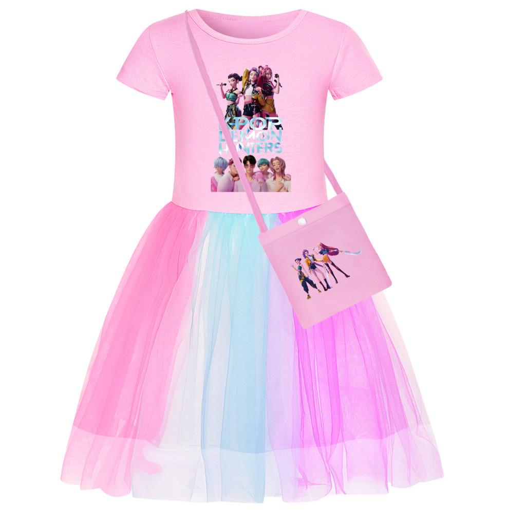 

Детское платье для девочек в стиле аниме, мультяшное, поп-певица, суперзвезда Руми Зои Мира с принтом, сетчатое, радужное, с круглым вырезом, повседневное, хлопковое 150cm