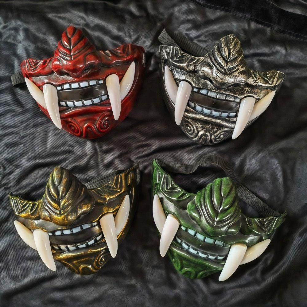 Realistic 3D Japanese Samurai Mask Lightweight Fierce Teeth Halloween Cosplay Masks Breathable Fang Mask Clothing Accessories