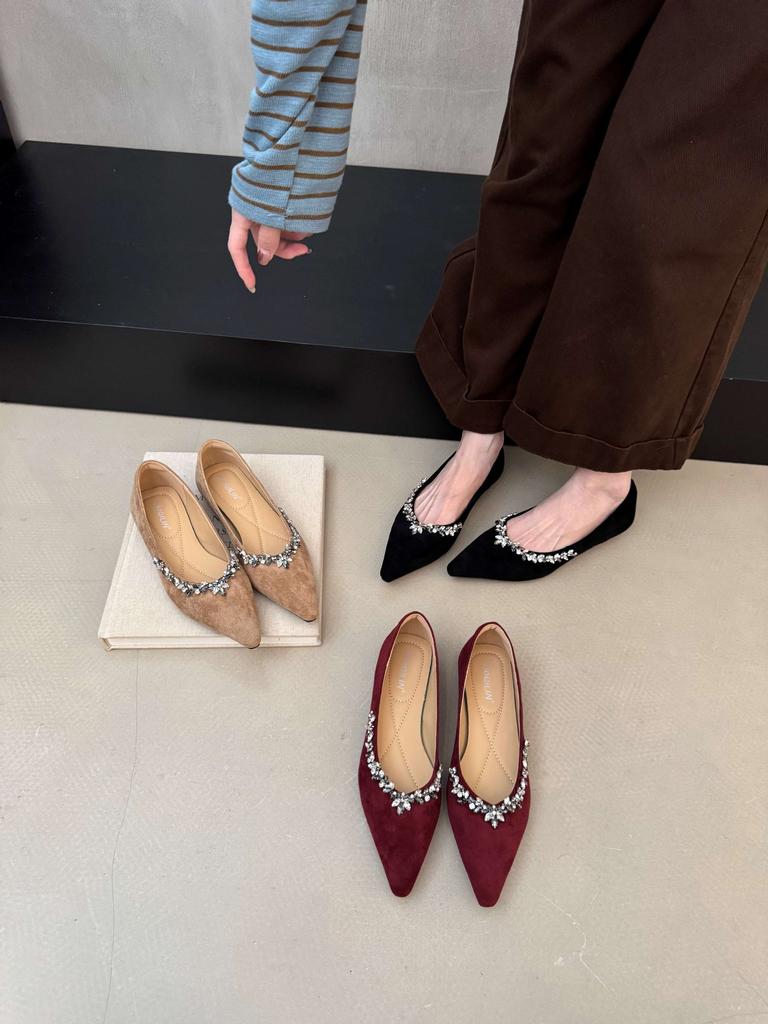 New French rhinestone flat-soled wedding shoes women's pointed head and one pedal temperament shallow mouth casual shoes