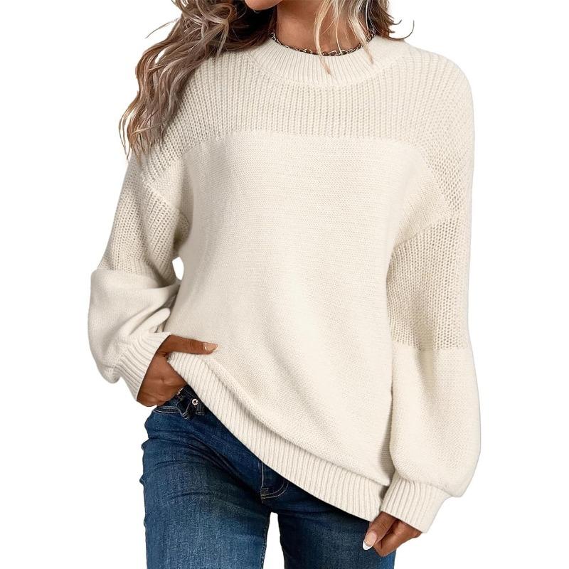 Solid Color Lantern Sleeve Pullover Round Neck Long Sleeve Sweater for Women