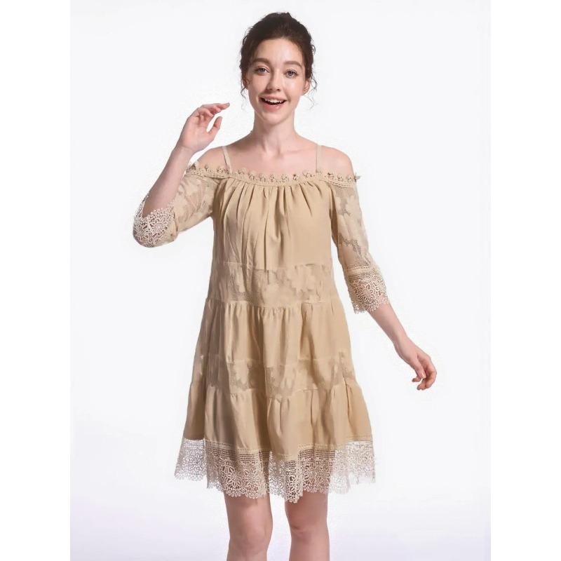 Princess Style European and American Dress Off-the-shoulder Lace Suspender Skirt Fashionable Solid Color Loose Dress