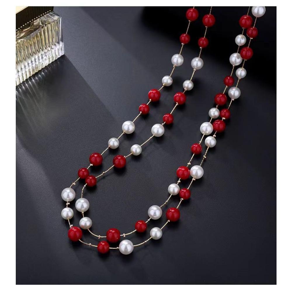 JMXD French Chic Elegant Womens Long Glass Pearl Layering Necklace Fashion Versatile Vintage Style Must Have Jewelry
